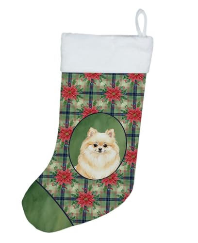 Caroline's Treasures Cream Pomeranian Christmas Poinsettas Holiday Stocking Double-Sided Print, Polyester Suede,11x18, Made in USA