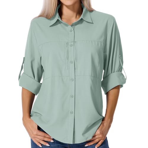 Asfixiado Shirts Damen UV Shirt UPF 50+ Safari Kleidung Wanderbluse Damen Hemdbluse Outdoor Atmungsaktiv Quick Dry Sonnenschutz Langarmshirt Bluse5087 PEA Green L
