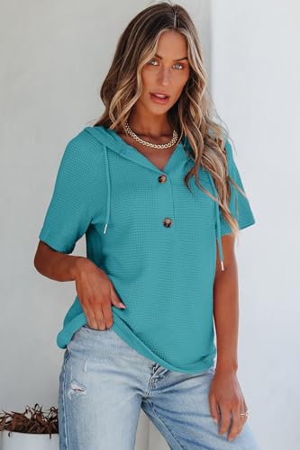 Image of Dokotoo Womens Summer Tops Waffle Knit Short Sleeve Lightweight Drawstring Hoodies Button V Neck Casual Blouses Shirts