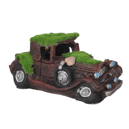 PENIKOKO Decoración de Resina para Pecera con Diseño de Coche Oxidado y Musgo, Adorno Pequeño para Acuario 14,3x6,6x6,1 Cm, Paisaje Submarino para Peces y Camarones, Accesorio Decorativo