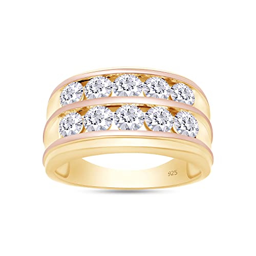 Men's Wedding Band Rings | 925 Sterling Silver Princess Cut Moissanite & Lab Grown Diamond Men's Religious Two Tone Double Row Crossover Channel Set Half Eternity Band 3 Stone Promise Ring For Him