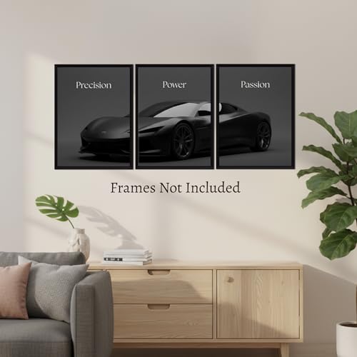 Image of BeauKraft Supercar Racing Poster Set for Wall - 3 Panel Split Posters (12x16 inches each, Unframed), Sports Car Wall Art Decor for Boys Room, Living Room, Garage & Men's Bedroom (Black)
