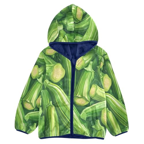 Green Okra Pattern Prints Toddler Fleece Jacket Girl Boys Hooded Fleece Jacket Coat Warm Outwear Zip-up 3-10T