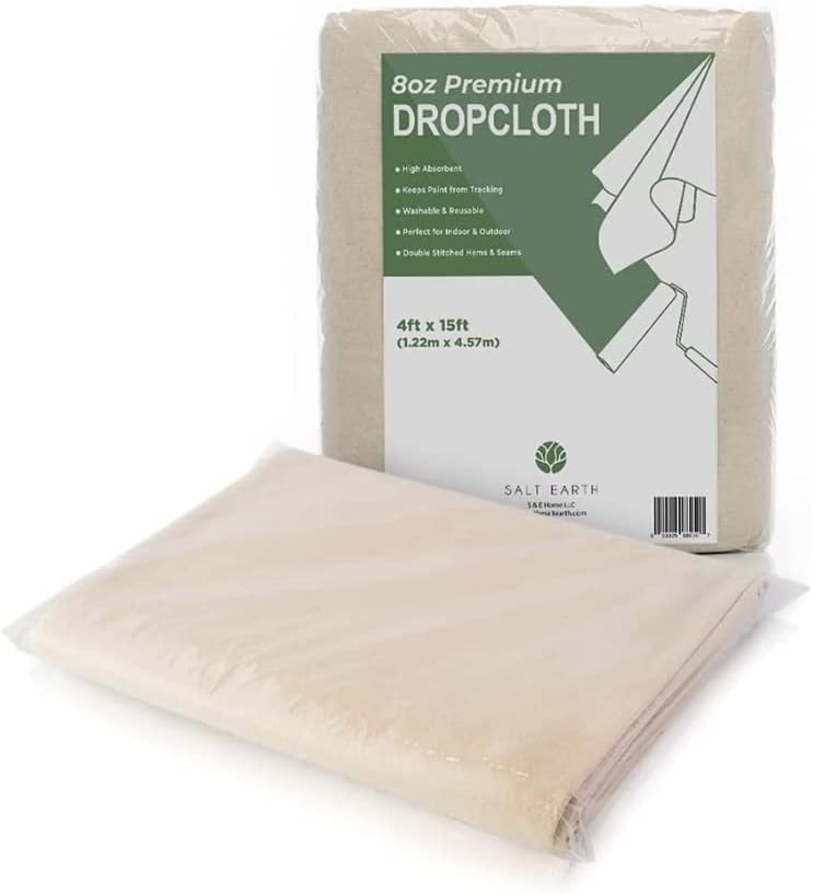 Canvas Drop Cloth by Salt Earth, Pack of 1 Reusable Paint Drop Cloth, 100% Recycled Cotton, All Purpose Painters Drop Cloth, Cotton Canvas Tarp Cover for Painter Furniture & Floor Protection (4x15FT)OEKO-TEX STANDARD 100