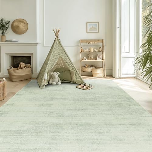 Image of BILEEHOME Sage Green Area Rugs for Living Room Nursery for Baby Girl Boy, Neutral Washable Sage Green Boho Farmhouse Vintage Bedroom Rugs 6x9, Light Green and Ivory Cream