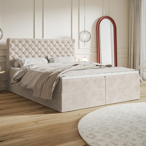 MOTIVENA Nero Chesterfield Boxspringbett 180x200 mit Bettkasten und Topper, Polsterbett 180x200 mit Bettkasten, Bonell-Matratze (H4), T28 Schaumstoff Topper (H3), Samt, Beige (Creme)
