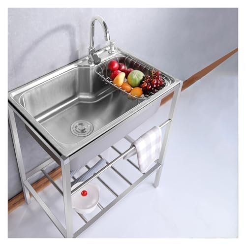 Fregadero de Cocina de Acero Inoxidable con cubeta Profunda, Grifo de Agua fría y estantes de Almacenamiento para Uso en lavandería.