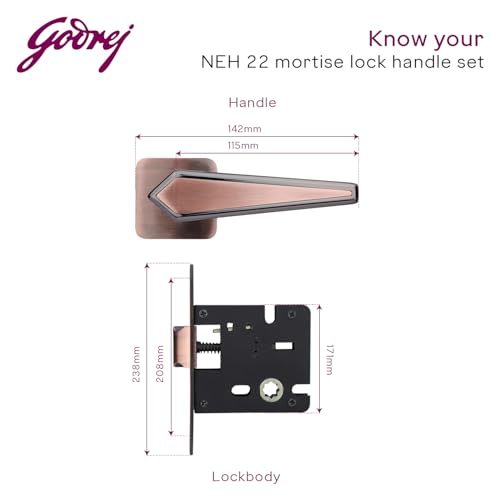 Image of Godrej Mortise Door Handle | Handle for Internal Doors, Bathroom Doors | NEH 22 | Retractable Baby Latch | Black Antique Copper Finish | Keyless Mechanism for Privacy | 5 Years Warranty