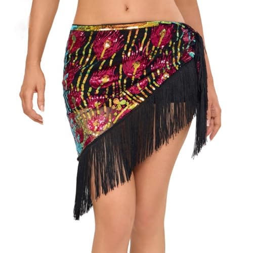 Générique Ceinture Danse Orientale Femme Écharpe de Hanche à Franges et Sequins pour la Danse du Ventre, Belly Dance Soie Foulard à Sequin Écharpe Déguisement pour Représentations de Fête