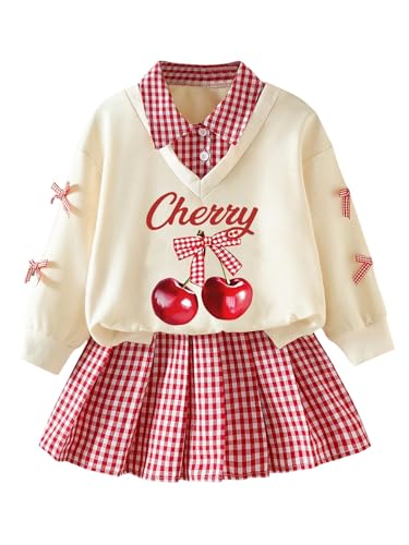 WDIRARA Girl's 2 Piece Outfit Cherry Graphic Sweatshirt Plaid Gingham