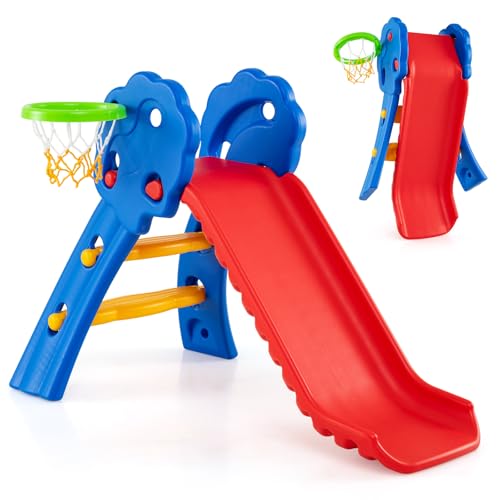 COSTWAY Foldable Kids Slide, Freestanding Toddler Slides with Safety Ladder, Primary Climb Toy for Indoor Outdoor Garden Playground (Multicolor with Basketball Hoop)