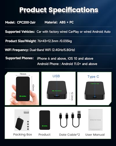 Carlinkit Adaptador automotivo 5.0 Wireless CarPlay/Android – Converta CarPlay com fio e Android Aut