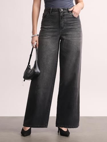 Image of Urbano Fashion Women's High Rise Loose Baggy Fit Washed Jeans Non-Stretchable