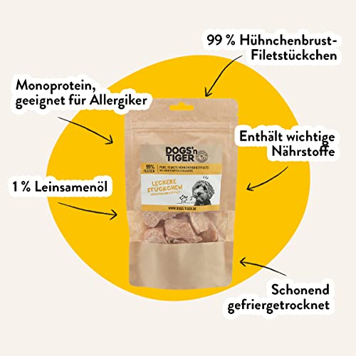Dogs'n Tiger – Leckere Stückchen Hundeleckerlis aus 99% Fleisch + 1% Leinsamenöl – Hundesnack ohne Zucker, Getreide & künstliche Aromen (gefriergetrocknete Hähnchenbrustfilet | 4 x 80 g)