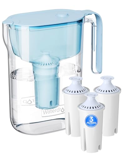 Waterdrop PT-11BL 7-Cup Alkaline Water Filter Pitcher with 3 Replacement Filters, Can Work with Brita® Water Pitchers & Filters, Smooth-Tasting Water, Increases PH, Up to 6 Months, Blue