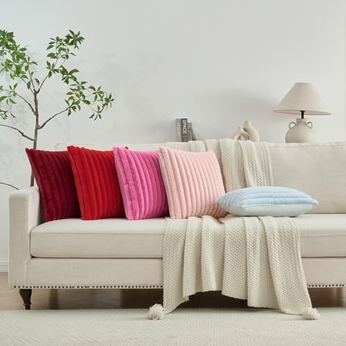FUTEI Camel Striped Decorative Throw Pillow Covers 22x22 Inch Set of 2,Square Fall Decorations Couch Pillow Case,Soft Cozy Faux Rabbit Fur & Velvet Back,Modern Home Decor for Bed