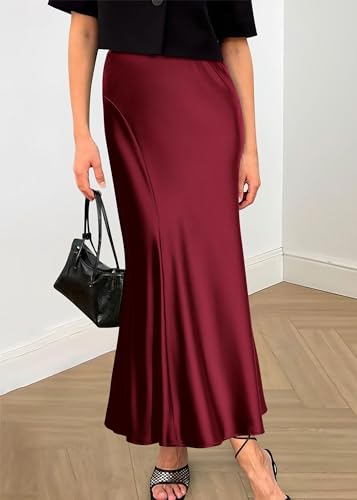Image of KIRUNDO Women's Satin Maxi Skirt 2026 Summer Fall Trendy High Waisted Wedding Cocktail Party Work Silk A-Line Formal Skirts