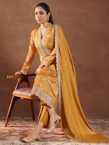 Image of Libas Womens Printed Silk Blend Straight Kurta With Palazzos and Dupatta | daily wear suit