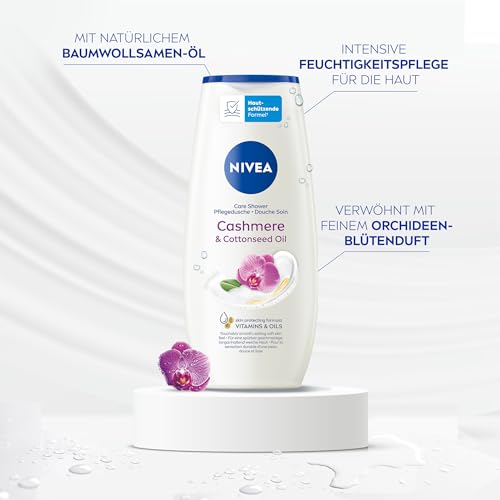 NIVEA Cashmere & Cottonseed Oil Pflegedusche, pH-hautneutrales Duschgel mit Vitaminen und wertvollen Ölen, feuchtigkeitsspendende Cremedusche mit Orchideen-Duft (250 ml)