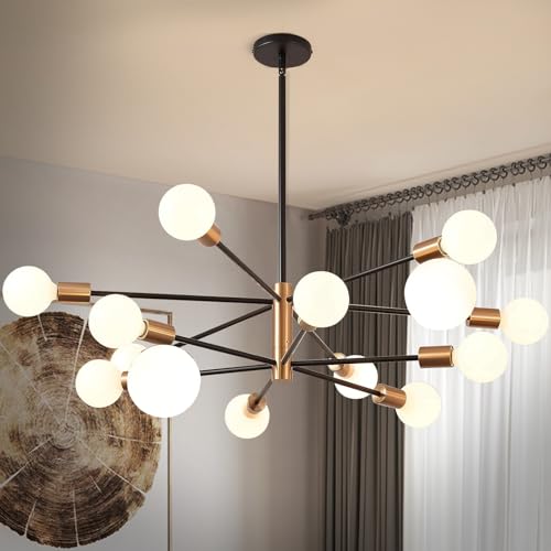 Sheetea 12-Light Sputnik Chandelier, Black and Gold Chandeliers Pendant Lighting,
