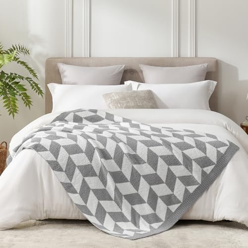 Image of Snuggle Sac Chevron Throw Blanket for Couch, Reversible Super Soft Warm Blankets Cozy Knit Fuzzy Plush Lightweight Throws for Sofa, Bed, Camping,Grey,50x60 inches