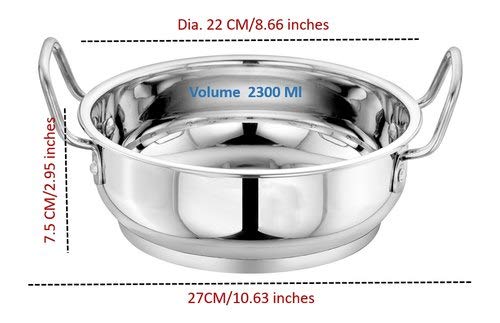 a2s Stainless Steel kadai with encapsulated Bottom and Steel Lid (Diameter 22cm) 3 Liters