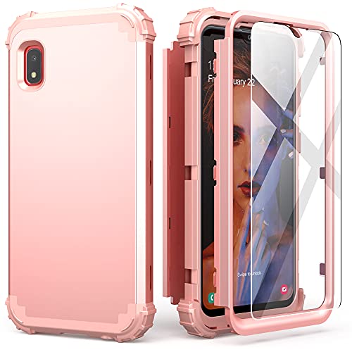 IDweel Galaxy A10E Case with Tempered Glass Screen Protector, Galaxy A10E, Hybrid 3 in 1 Shockproof Slim Heavy Duty Protection Hard PC Cover Soft Silicone Rugged Bumper Full Body Cover, Rose Gold