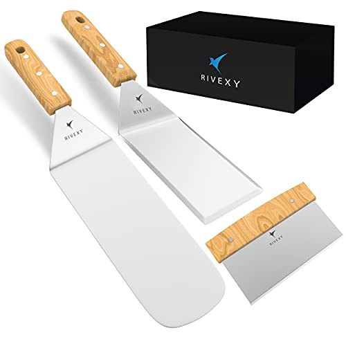 Rivexy Griddle Accessories BBQ kit, Griddle Accessories Wooden 3 pcs Metal Spatula Set Stainless Steel for Blackstone, Griddle Spatula, Griddle Scraper, Spatula for Smash Burger