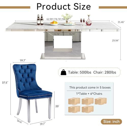 Image of 94 inch Faux Marble Extendable Dining Table Set for 6,Mirrored U Base | 63 inch-94 inch White Marble Expandable Kitchen Table Set with 6 Velvet Chairs,Modern Large Dining Set for 6 Dining Room Gathering