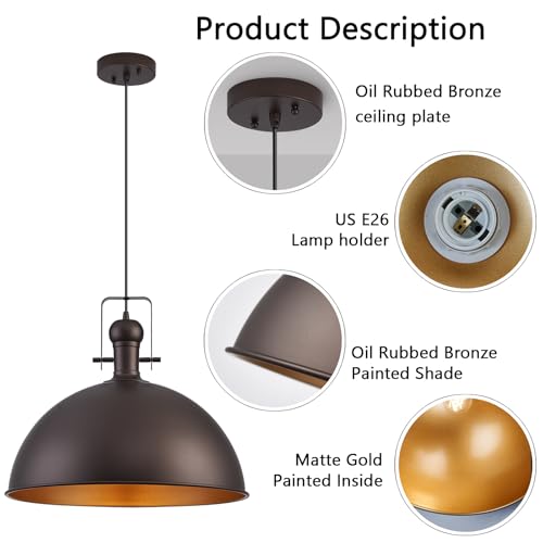 Image of 18 Inch ORB Farmhouse Pendant Lights for Kitchen Island 1 Pack | ETL Certificate, Easy to Install,Adjustable Height Cord,Vintage Industrial Dome Hanging Light Fixtures