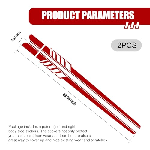 Image of 2PCS Car Side Body Decals, 4.52 inch x 88.58 inch Car Side Skirt Long Stripes Decals, Waterproof Personalized Stripe Stickers, Auto Stickers Accessories, Creative Door Decoration Stripe (Red)