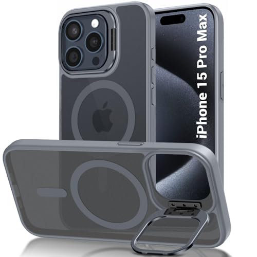 Image of TheGiftKart Hybrid Matte Frosted Back Cover Case for iPhone 15 Pro MAX Compatible with MagSafe | Built-in Stand | Shockproof Hard Case Cover for iPhone 15 Pro MAX (PC & TPU, Translucent Grey)