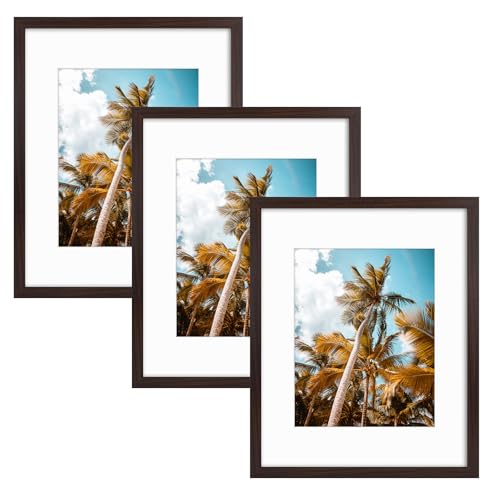 Image of Frametory, 16x20 Picture Frame with Mat for 11x14 Photo - High Definition Glass Wide Molding - Preinstalled Wall Mounting Hardware (Brown, 3 Pack)