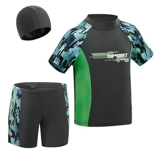 InfiniZer 3 Pcs Boys Swimming Costume, UPF 50+ Kids Swim Trunks & Short Sleeve Rash Guard Shirt Set, Summer Bathing Suit Swimwear for 2-12 (UK, Age, 11 Years, 12 Years, Regular, Black)