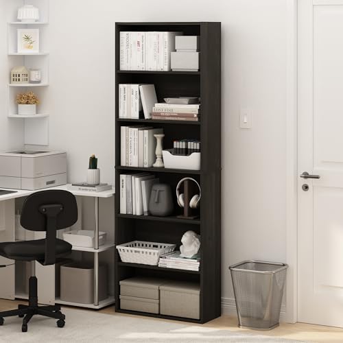 Image of Furinno Jaya Simply Home Free Standing 6-Tier Open Storage Bookcase, Espresso | 9.5 x 24.6 x 71, Tall, Standing Bookcase, Organization for Home Office, Living Room, Bedroom