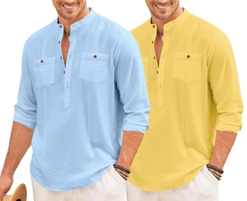 Image of Macsivo Combo of Men's Regular Fit Cotton Blend Solid Casual Short Kurta with Mandarin Collar and Pockets Kurta Pack of 2