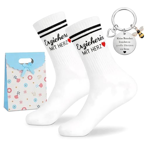 DINSAGE Erzieherin Geschenk Abschiedsgeschenk Kindergarten Lehrer Geschenk Socken mit Herz Schlüsselanhänger Lehrerin Geschenke Danke Abschied Beste Erzieher Kita Lehrerin Grundschule (Schwarz)