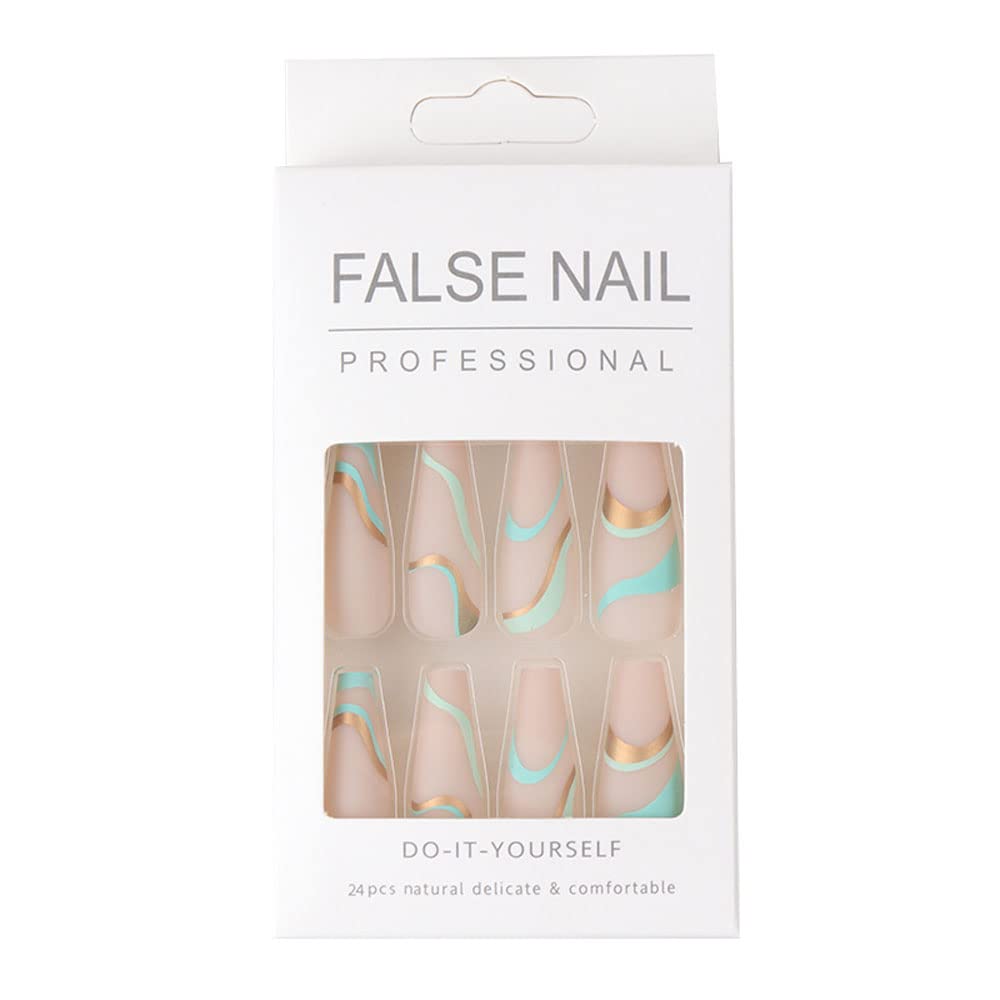 Künstliche Nägel Lang Mit Goldfolie – Ballerina-Form Zum Aufkleben | 24 Stück Inkl. Kleber