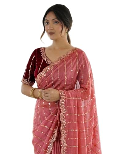 Image of SIRIL Women's Shimmer Georgette Scalloped Border Sequins Embroidery Saree with Unstitched Blouse Piece