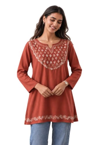 Image of QAZMI Women's Azra Kashmiri A-Line Full Sleeves Viscose Rayon Short Kurti