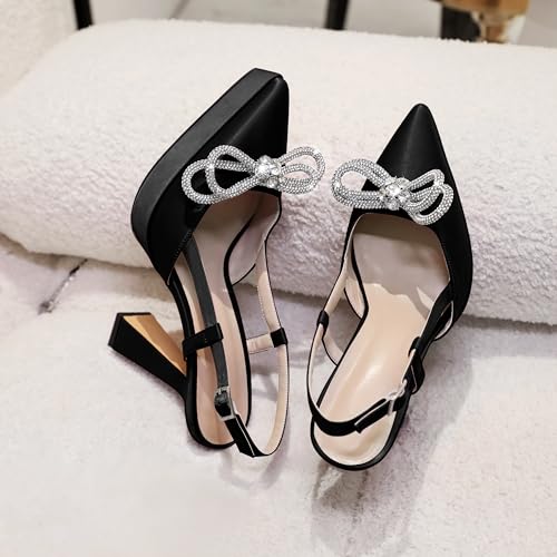 Joseywade Rhinstone Bow Heels for Women Slingback Chunky High Heel Pumps Platform Heels 5 Inch Wedding Bridal Dress Shoes4