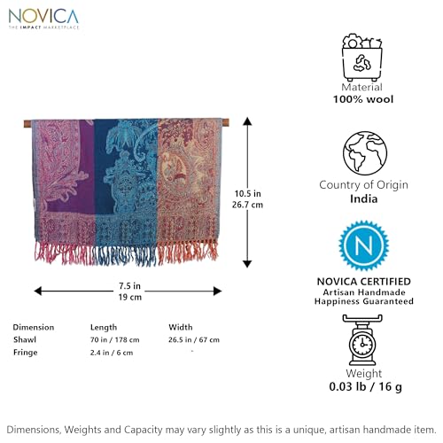 NOVICA Artisan Handmade Jamawar Wool Shawl Woven Fringed Blue Purple Yellow Accessories Multicolor India Floral Leaf Tree 'Regal Splendor'4