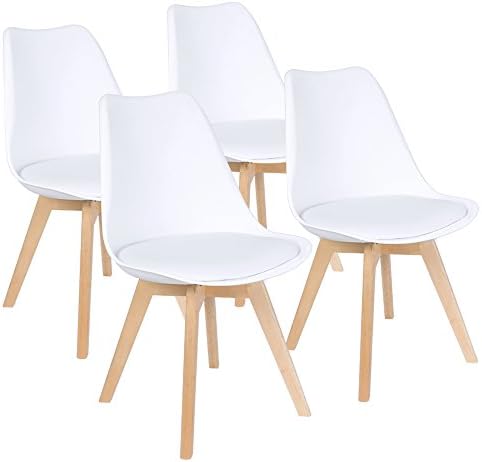 Furmax Mid Century Modern DSW Dining Chair Upholstered Side Chair with Beech Wood Legs and Soft Padded Shell Tulip Chair for Dining Room Living Room Bedroom Kitchen Set of 4 (White)