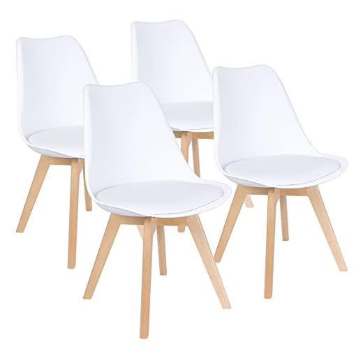 Furmax Mid Century Modern DSW Dining Chair Upholstered Side Chair with Beech Wood Legs and Soft Padded Shell Tulip Chair for Dining Room Living Room Bedroom Kitchen Set of 4 (White)