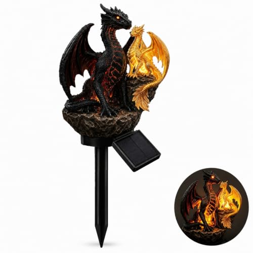 Dragon Solar Garden Light Gothic Dragon Statue Lamp with Golden Amber Glow Outdoor Resin Dragon Yard Decor Medieval Fantasy Solar Stake Light for Patio Lawn Halloween