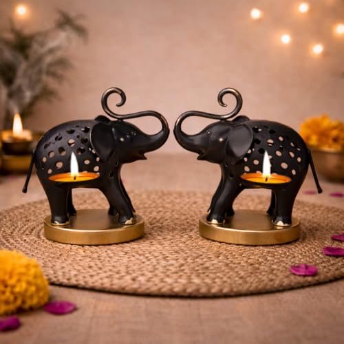 Image of CraftVatika Metal Elephant Tealight Candle Holders Set of 2, for Woman, Home Decor Gifts, Decorative Elephant Showpiece for Table Decor, Candle Holder, Housewarming Diwali Return Gift