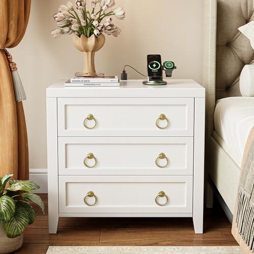 Huuger 23.6 Inch Night Stand with Charger Station and USB-C Port 3 Drawer Nightstand Larger Wider Bedside Table Modern Side End Table for Bedroom White Nightstand