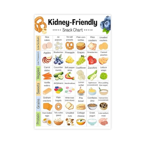 Kidney-Friendly Snacks Chart Low Potassium Low Sodium Food List Renal Diet Grocery List Canvas Poster Wall Art Decor Print Picture Paintings for Living Room Office Wall Art Decoration 16x24inc