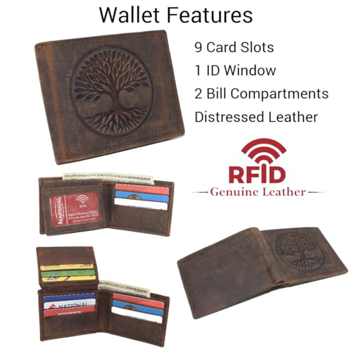 Vintage Leather RFID Protected Men's Bifold Wallet with Tree of Life Design (Brown)3