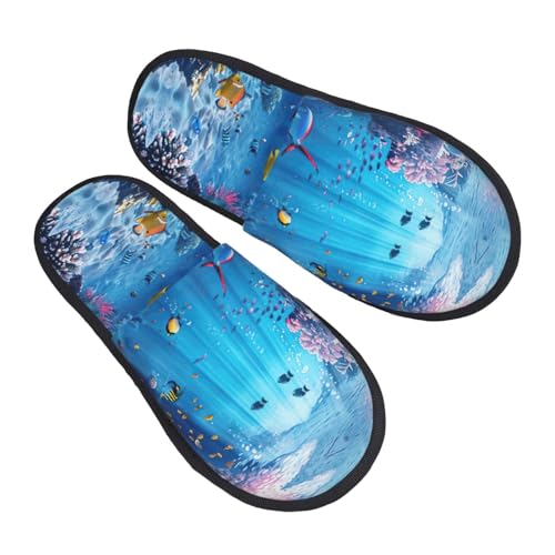 Colorful Ocean Theme printing Fall Winter Fuzzy Slippers Comfy House Shoes,Portable for Hotel Travel Gifts for Women and Men